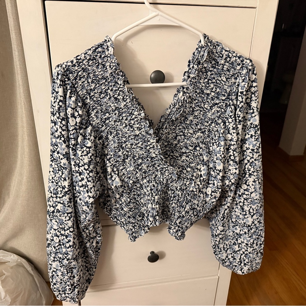 Abercrombie & Fitch Black and White Ruffled Wrap Blouse